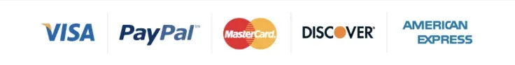 Payment logos: Visa, PayPal, Mastercard, Discover and American Express