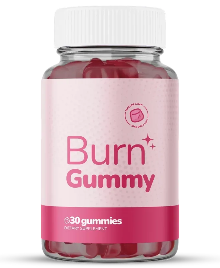 A Burn Gummy jar with a clear body, white cap and pink label, 30 gummies, dietary supplement
