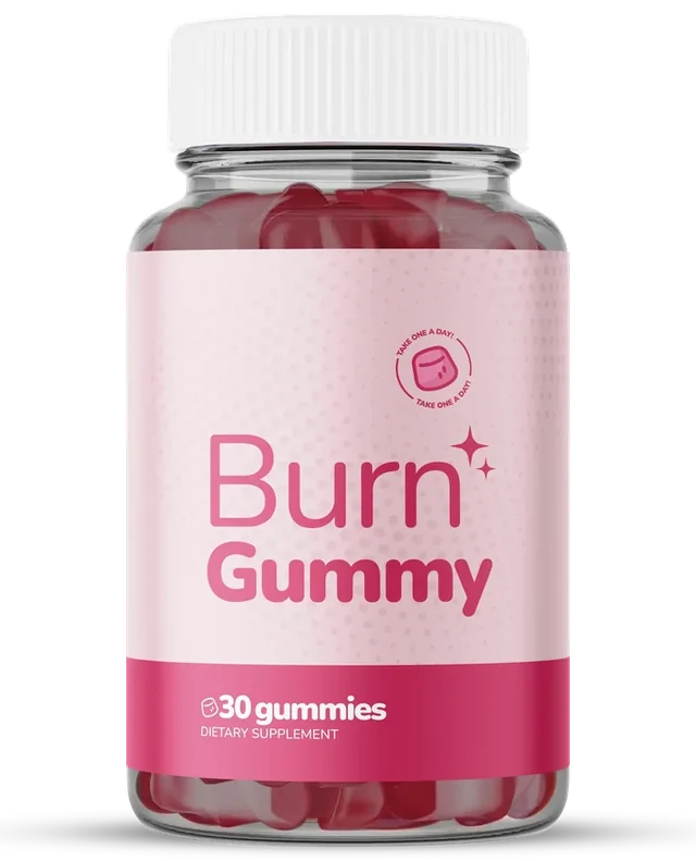 A pink Burn Gummy jar with a white cap and red gummies inside, labelled 30 gummies, dietary supplement