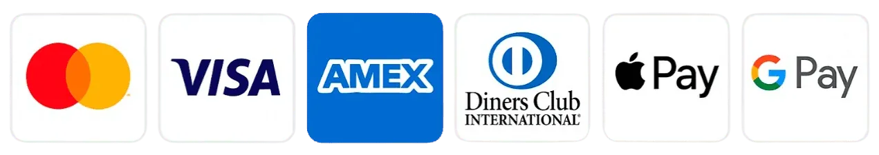 Logos for Mastercard, Visa, American Express, Diners Club, Apple Pay and Google Pay